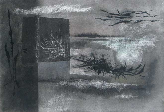 Ohne Titel, 1958, 39 × 26 cm, Tusche und Gouache auf Papier, zum Teil aufgekratzt