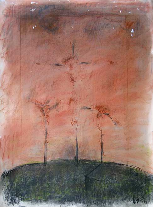 Ohne Titel (Christus am Kreuz), 1987, 35 × 45 cm, Gouache und Pastellkreide auf farbigem Papier