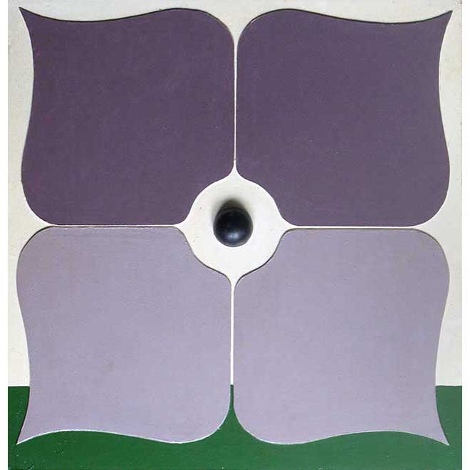 Ohne Titel, Ende 1960er-Jahre, 39 × 40 cm, Holzplatten u. Kunststoffhalbkugel übereinandergeleimt, lackiert