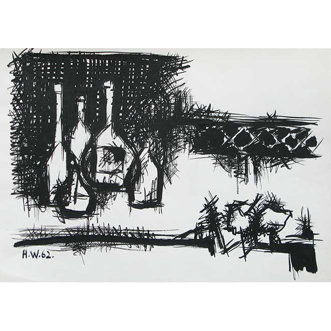 Ohne Titel (Stillleben / Gefäße), 1962, 60 × 42 cm, Schwarzweiß-Pinselzeichnun