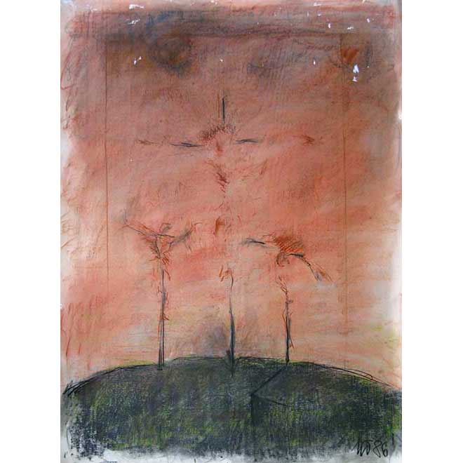 Ohne Titel (Christus am Kreuz), 1986, 35 × 45 cm, Gouache und Pastellkreide auf farbigem Papier